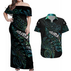 Aotearoa Personalized Lawn Bowls Maori Couples Matching Off Shoulder Maxi Dress and Hawaiian Shirt New Zealand Paua Shell Tribal Silver Fern - Aussie Hoodie