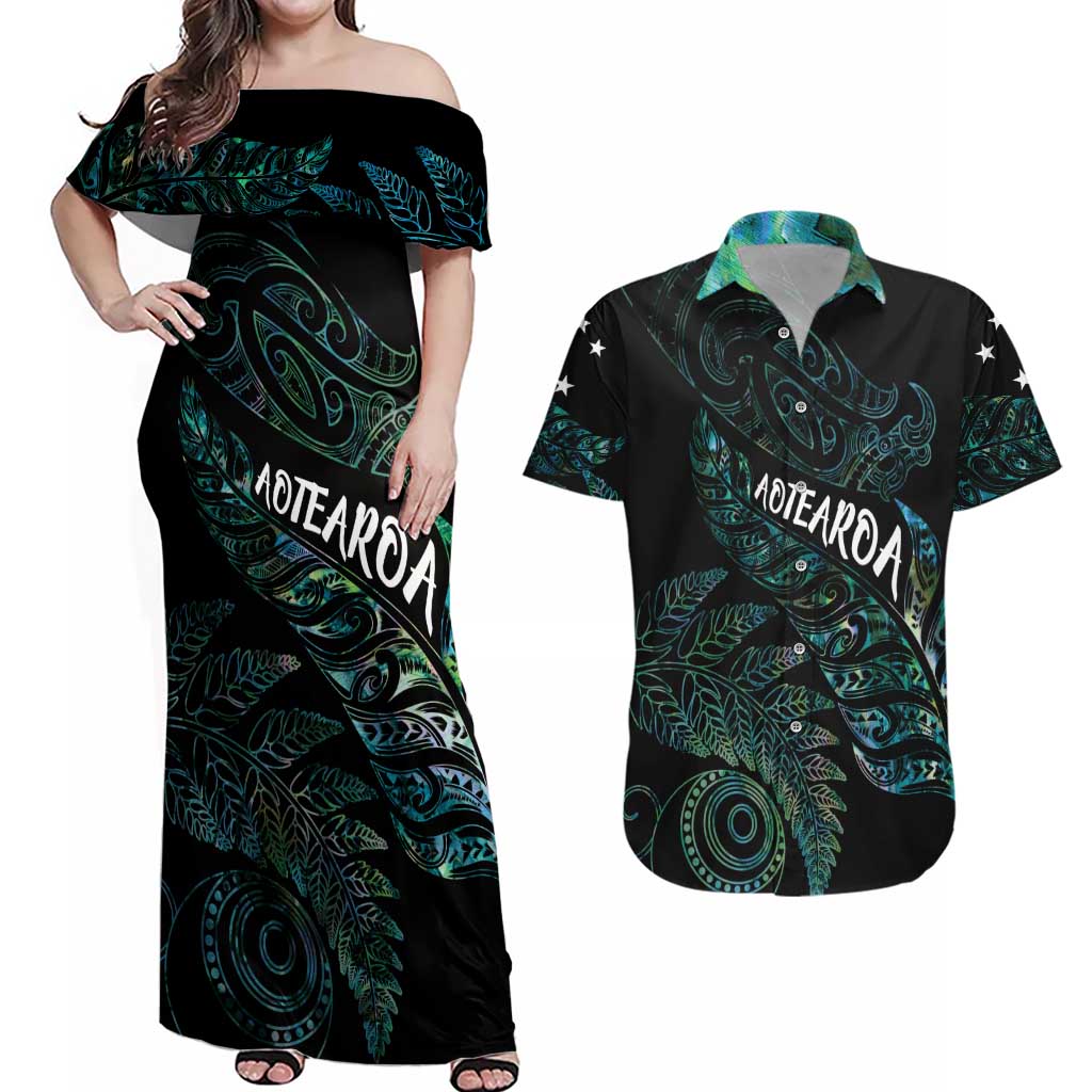 Aotearoa Personalized Lawn Bowls Maori Couples Matching Off Shoulder Maxi Dress and Hawaiian Shirt New Zealand Paua Shell Tribal Silver Fern - Aussie Hoodie