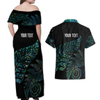 Aotearoa Personalized Lawn Bowls Maori Couples Matching Off Shoulder Maxi Dress and Hawaiian Shirt New Zealand Paua Shell Tribal Silver Fern - Aussie Hoodie