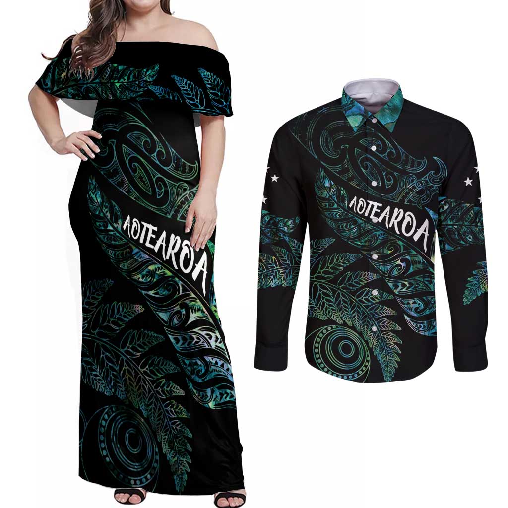 Aotearoa Personalized Lawn Bowls Maori Couples Matching Off Shoulder Maxi Dress and Long Sleeve Button Shirt New Zealand Paua Shell Tribal Silver Fern - undefined