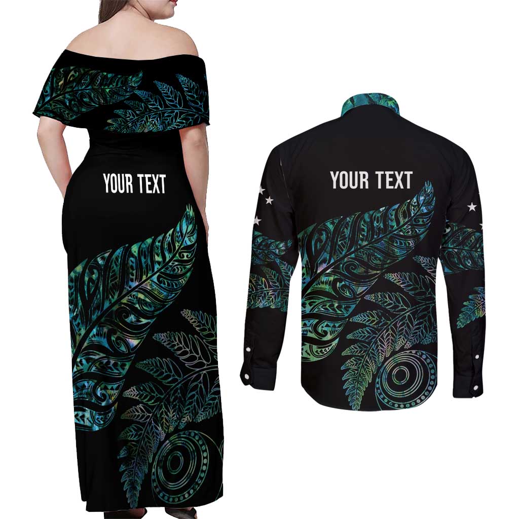 Aotearoa Personalized Lawn Bowls Maori Couples Matching Off Shoulder Maxi Dress and Long Sleeve Button Shirt New Zealand Paua Shell Tribal Silver Fern - undefined