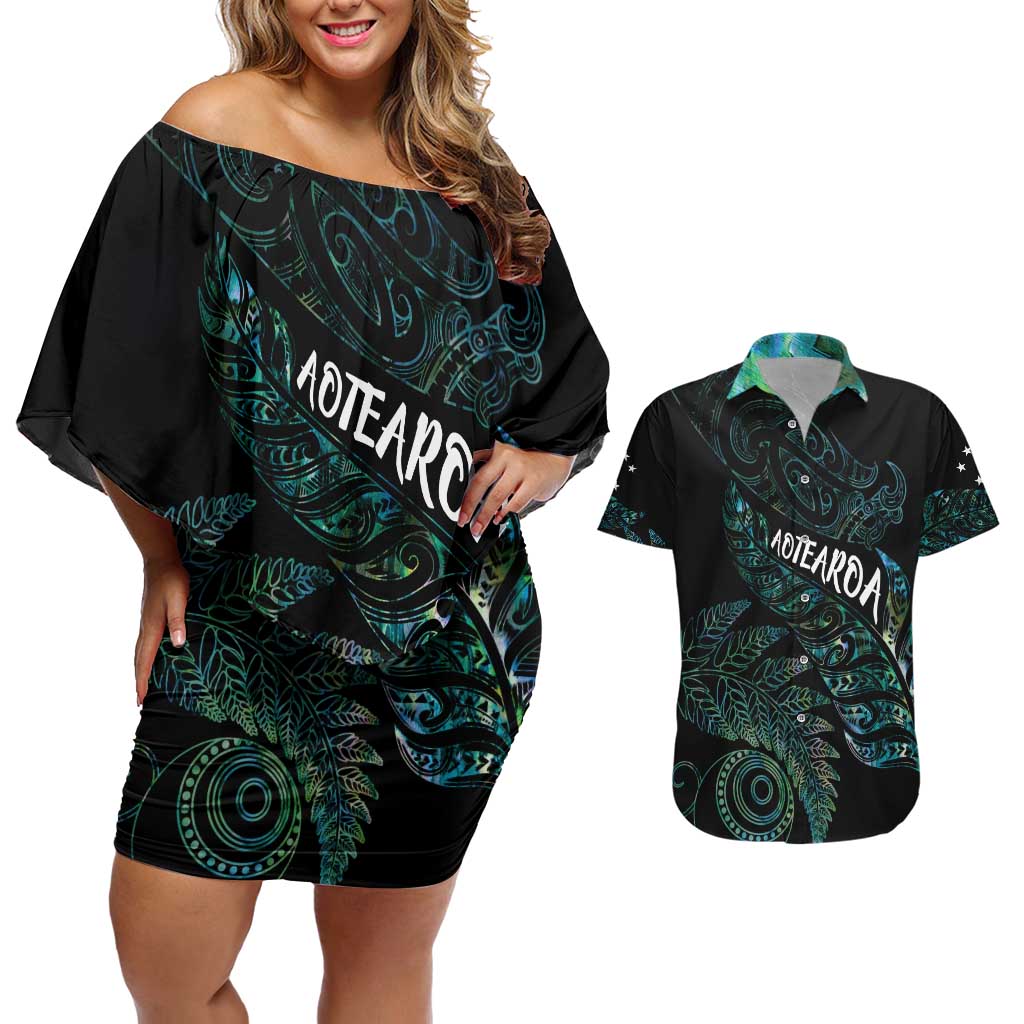 Aotearoa Personalized Lawn Bowls Maori Couples Matching Off Shoulder Short Dress and Hawaiian Shirt New Zealand Paua Shell Tribal Silver Fern - Aussie Hoodie