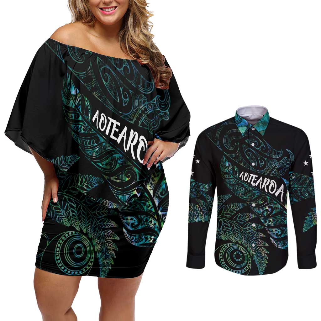 Aotearoa Personalized Lawn Bowls Maori Couples Matching Off Shoulder Short Dress and Long Sleeve Button Shirt New Zealand Paua Shell Tribal Silver Fern - Aussie Hoodie