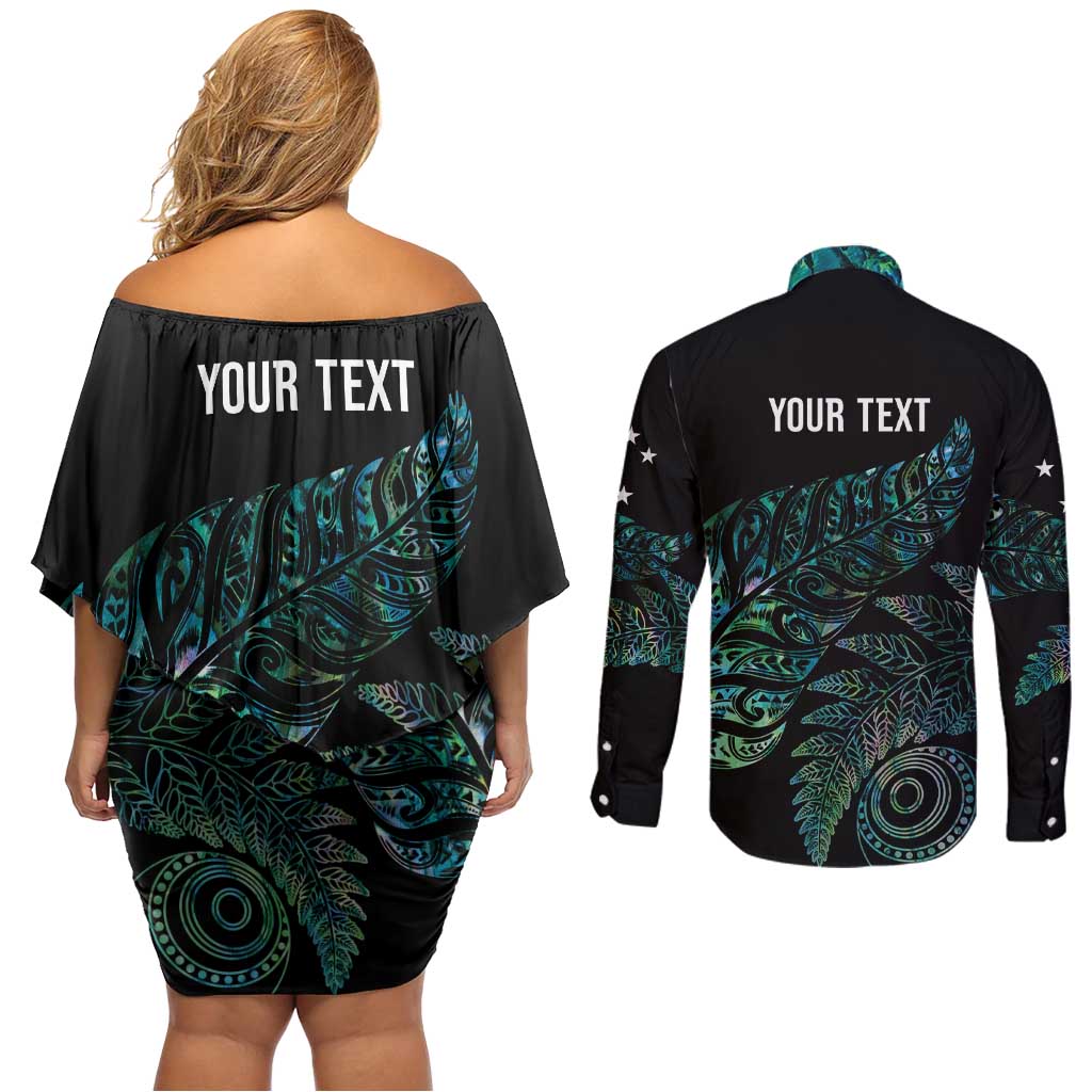 Aotearoa Personalized Lawn Bowls Maori Couples Matching Off Shoulder Short Dress and Long Sleeve Button Shirt New Zealand Paua Shell Tribal Silver Fern - Aussie Hoodie