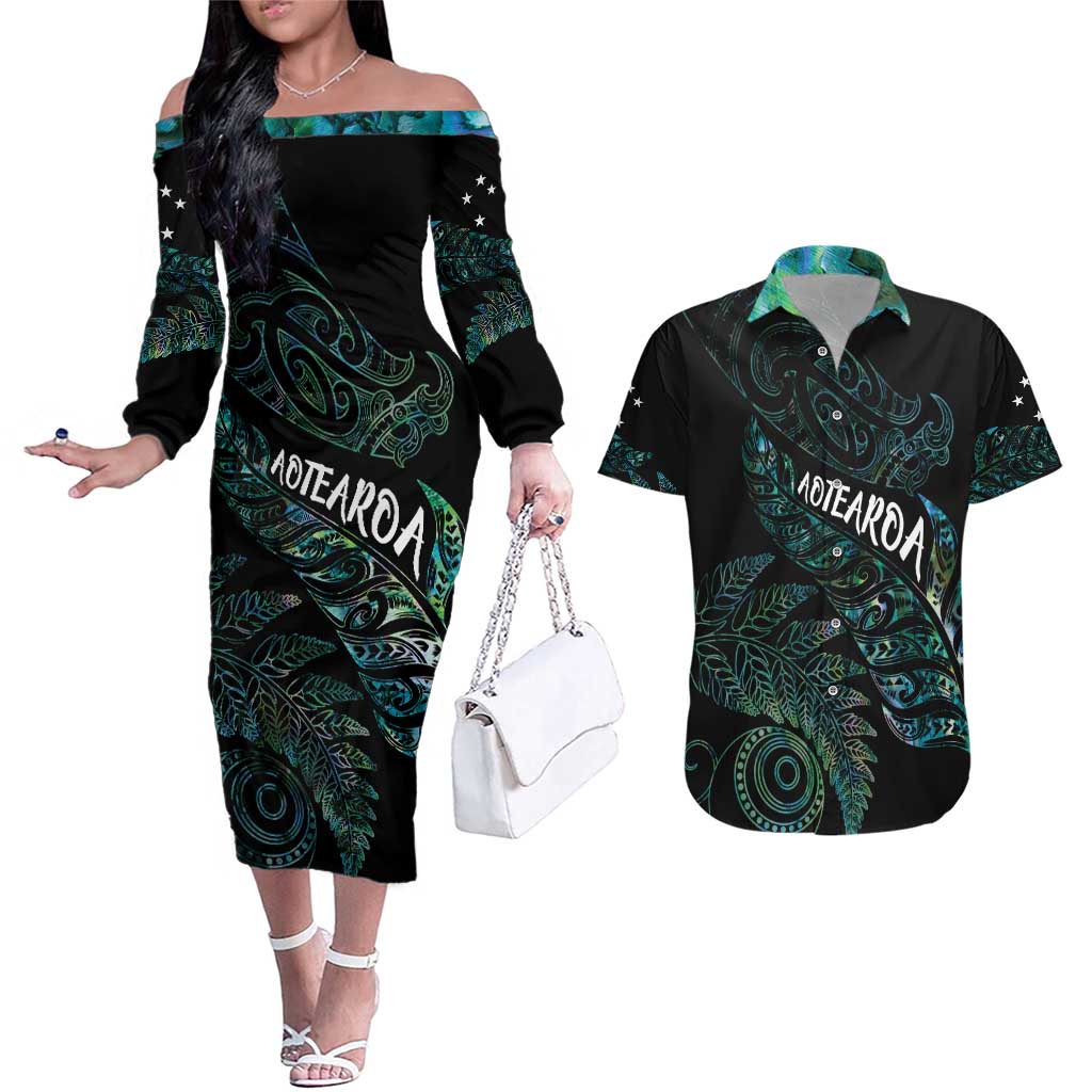 Aotearoa Personalized Lawn Bowls Maori Couples Matching Off The Shoulder Long Sleeve Dress and Hawaiian Shirt New Zealand Paua Shell Tribal Silver Fern - Aussie Hoodie