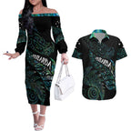 Aotearoa Personalized Lawn Bowls Maori Couples Matching Off The Shoulder Long Sleeve Dress and Hawaiian Shirt New Zealand Paua Shell Tribal Silver Fern - Aussie Hoodie