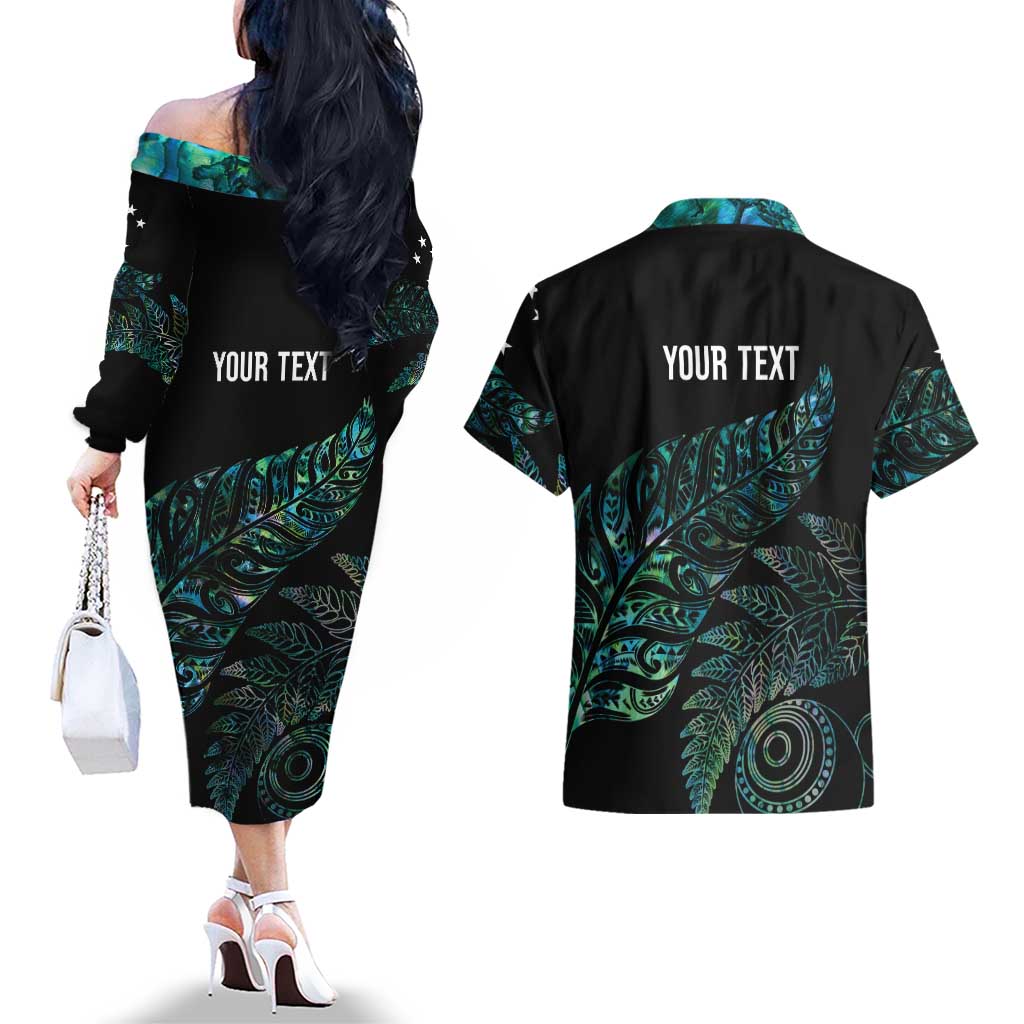 Aotearoa Personalized Lawn Bowls Maori Couples Matching Off The Shoulder Long Sleeve Dress and Hawaiian Shirt New Zealand Paua Shell Tribal Silver Fern - Aussie Hoodie