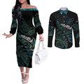 Aotearoa Personalized Lawn Bowls Maori Couples Matching Off The Shoulder Long Sleeve Dress and Long Sleeve Button Shirt New Zealand Paua Shell Tribal Silver Fern - Aussie Hoodie