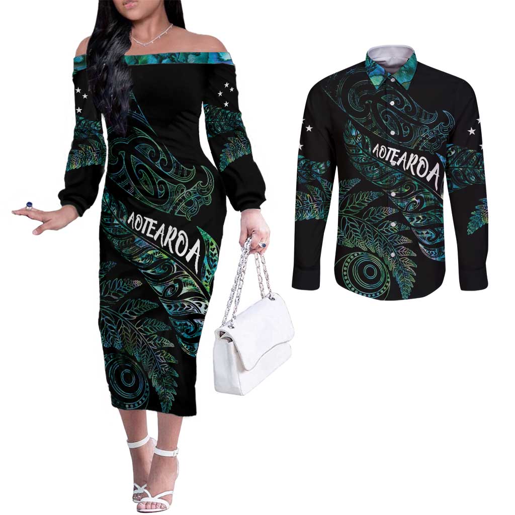 Aotearoa Personalized Lawn Bowls Maori Couples Matching Off The Shoulder Long Sleeve Dress and Long Sleeve Button Shirt New Zealand Paua Shell Tribal Silver Fern - Aussie Hoodie