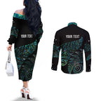 Aotearoa Personalized Lawn Bowls Maori Couples Matching Off The Shoulder Long Sleeve Dress and Long Sleeve Button Shirt New Zealand Paua Shell Tribal Silver Fern - Aussie Hoodie
