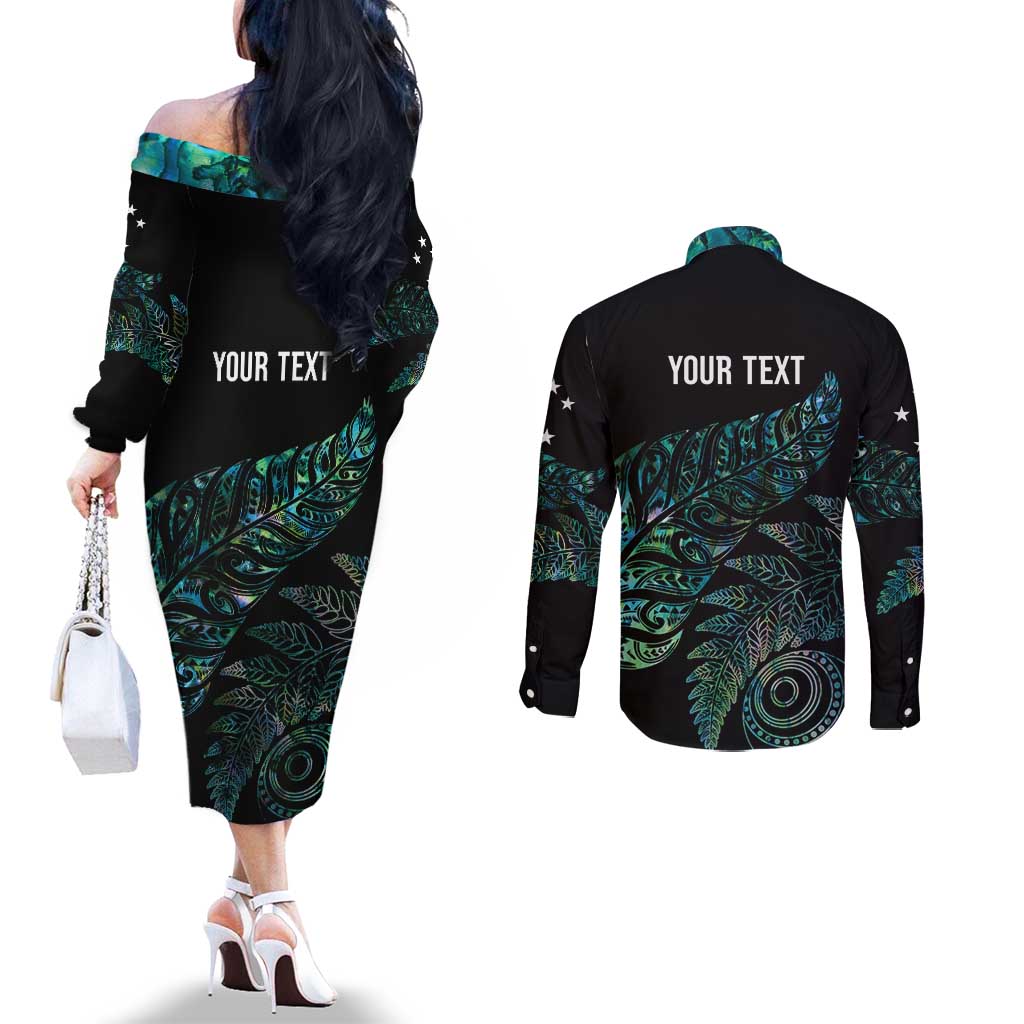 Aotearoa Personalized Lawn Bowls Maori Couples Matching Off The Shoulder Long Sleeve Dress and Long Sleeve Button Shirt New Zealand Paua Shell Tribal Silver Fern - Aussie Hoodie