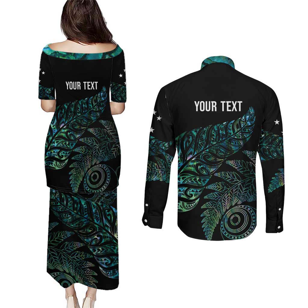 Aotearoa Personalized Lawn Bowls Maori Couples Matching Puletasi and Long Sleeve Button Shirt New Zealand Paua Shell Tribal Silver Fern - Aussie Hoodie