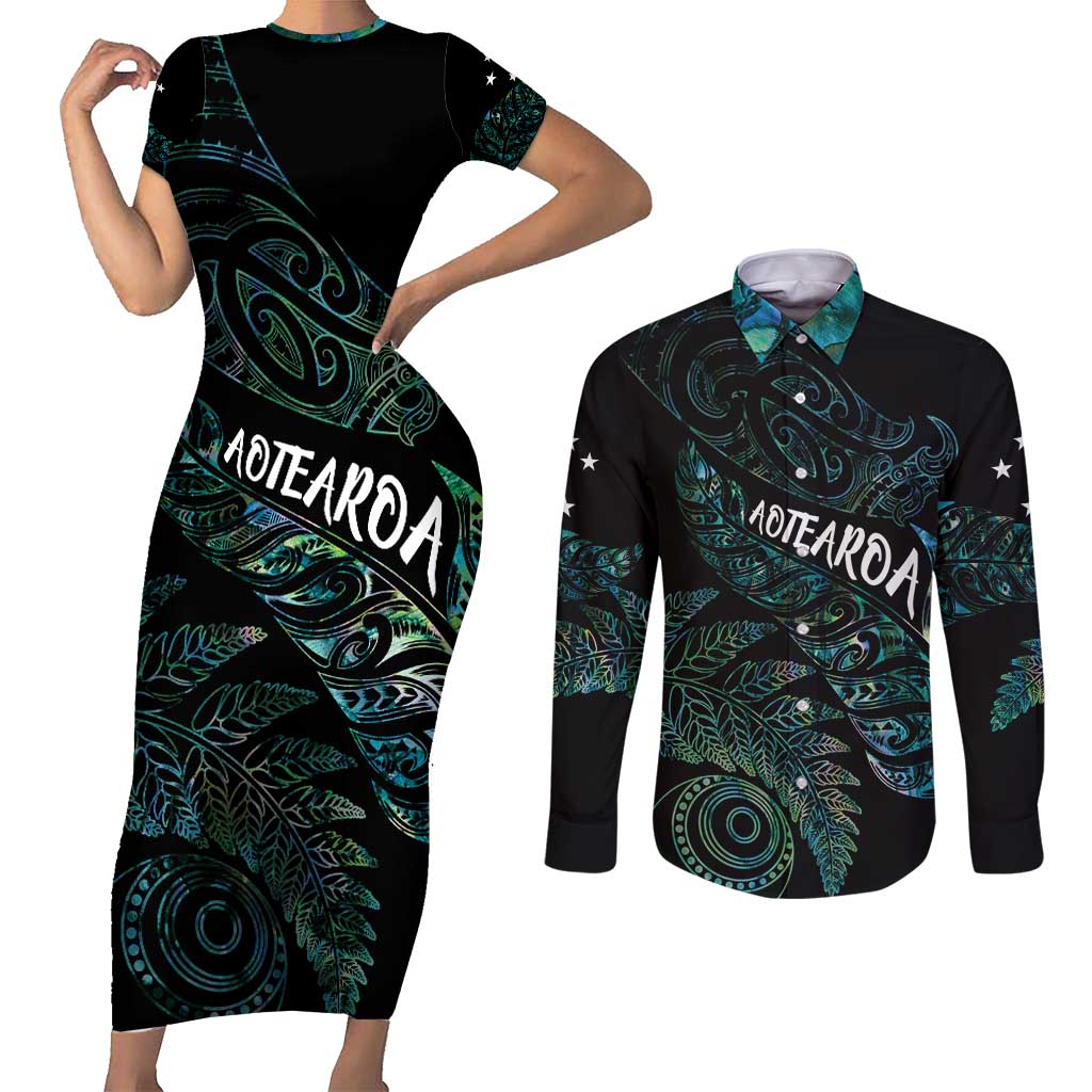 Aotearoa Personalized Lawn Bowls Maori Couples Matching Short Sleeve Bodycon Dress and Long Sleeve Button Shirt New Zealand Paua Shell Tribal Silver Fern - Aussie Hoodie