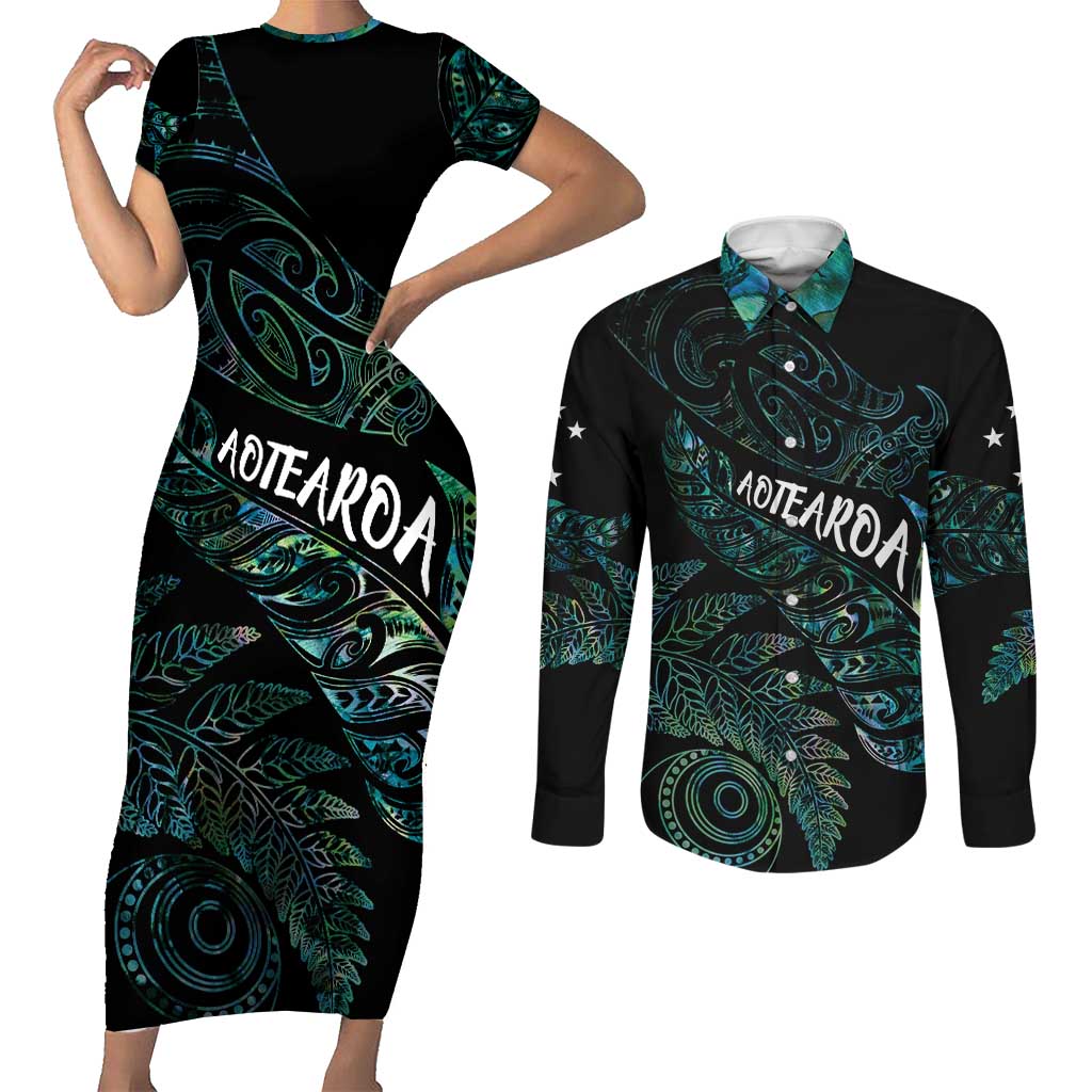 Aotearoa Personalized Lawn Bowls Maori Couples Matching Short Sleeve Bodycon Dress and Long Sleeve Button Shirt New Zealand Paua Shell Tribal Silver Fern - Aussie Hoodie