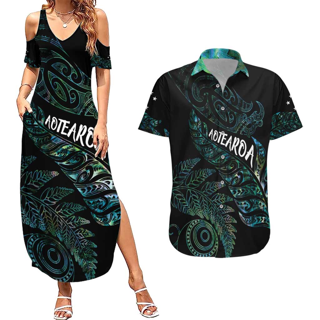 Aotearoa Personalized Lawn Bowls Maori Couples Matching Summer Maxi Dress and Hawaiian Shirt New Zealand Paua Shell Tribal Silver Fern - Aussie Hoodie