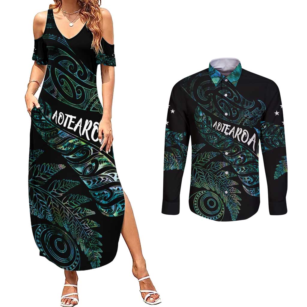 Aotearoa Personalized Lawn Bowls Maori Couples Matching Summer Maxi Dress and Long Sleeve Button Shirt New Zealand Paua Shell Tribal Silver Fern - Aussie Hoodie