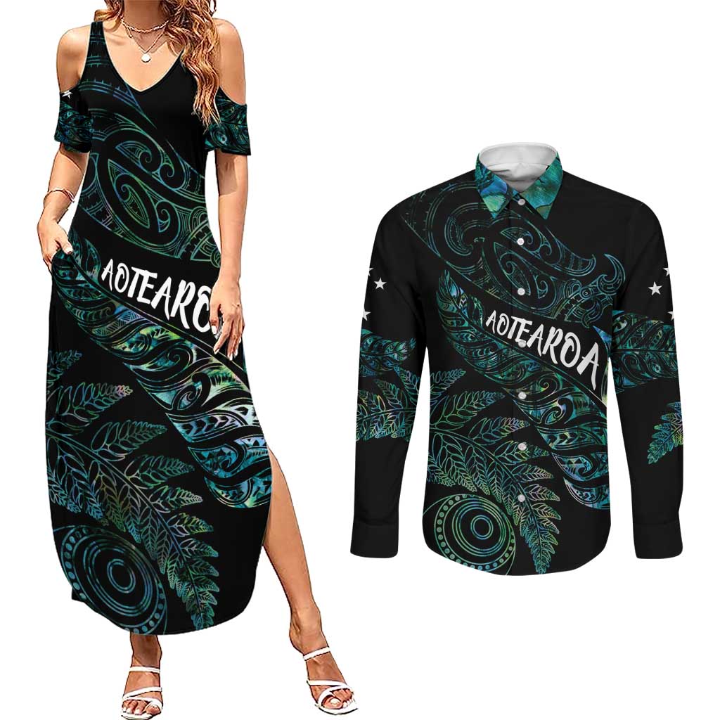 Aotearoa Personalized Lawn Bowls Maori Couples Matching Summer Maxi Dress and Long Sleeve Button Shirt New Zealand Paua Shell Tribal Silver Fern - Aussie Hoodie