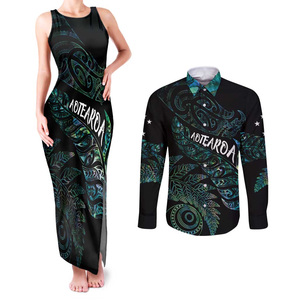 Aotearoa Personalized Lawn Bowls Maori Couples Matching Tank Maxi Dress and Long Sleeve Button Shirt New Zealand Paua Shell Tribal Silver Fern - Aussie Hoodie