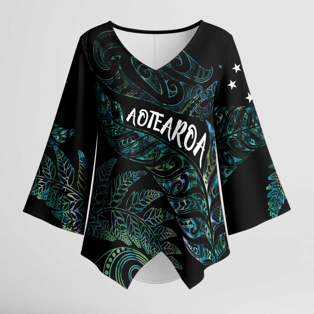 Aotearoa Personalized Lawn Bowls Maori Kimono Sleeve Blouse New Zealand Paua Shell Tribal Silver Fern - Aussie Hoodie