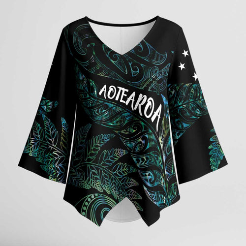 Aotearoa Personalized Lawn Bowls Maori Kimono Sleeve Blouse New Zealand Paua Shell Tribal Silver Fern - Aussie Hoodie