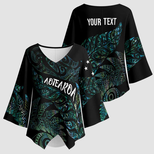 Aotearoa Personalized Lawn Bowls Maori Kimono Sleeve Blouse New Zealand Paua Shell Tribal Silver Fern - Aussie Hoodie