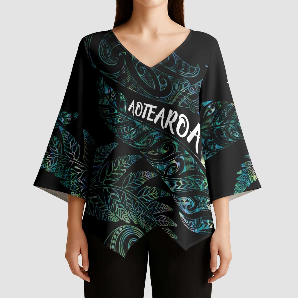 Aotearoa Personalized Lawn Bowls Maori Kimono Sleeve Blouse New Zealand Paua Shell Tribal Silver Fern - Aussie Hoodie