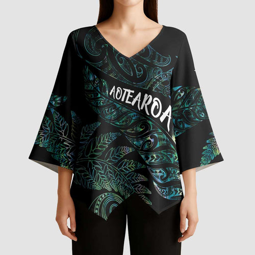 Aotearoa Personalized Lawn Bowls Maori Kimono Sleeve Blouse New Zealand Paua Shell Tribal Silver Fern - Aussie Hoodie