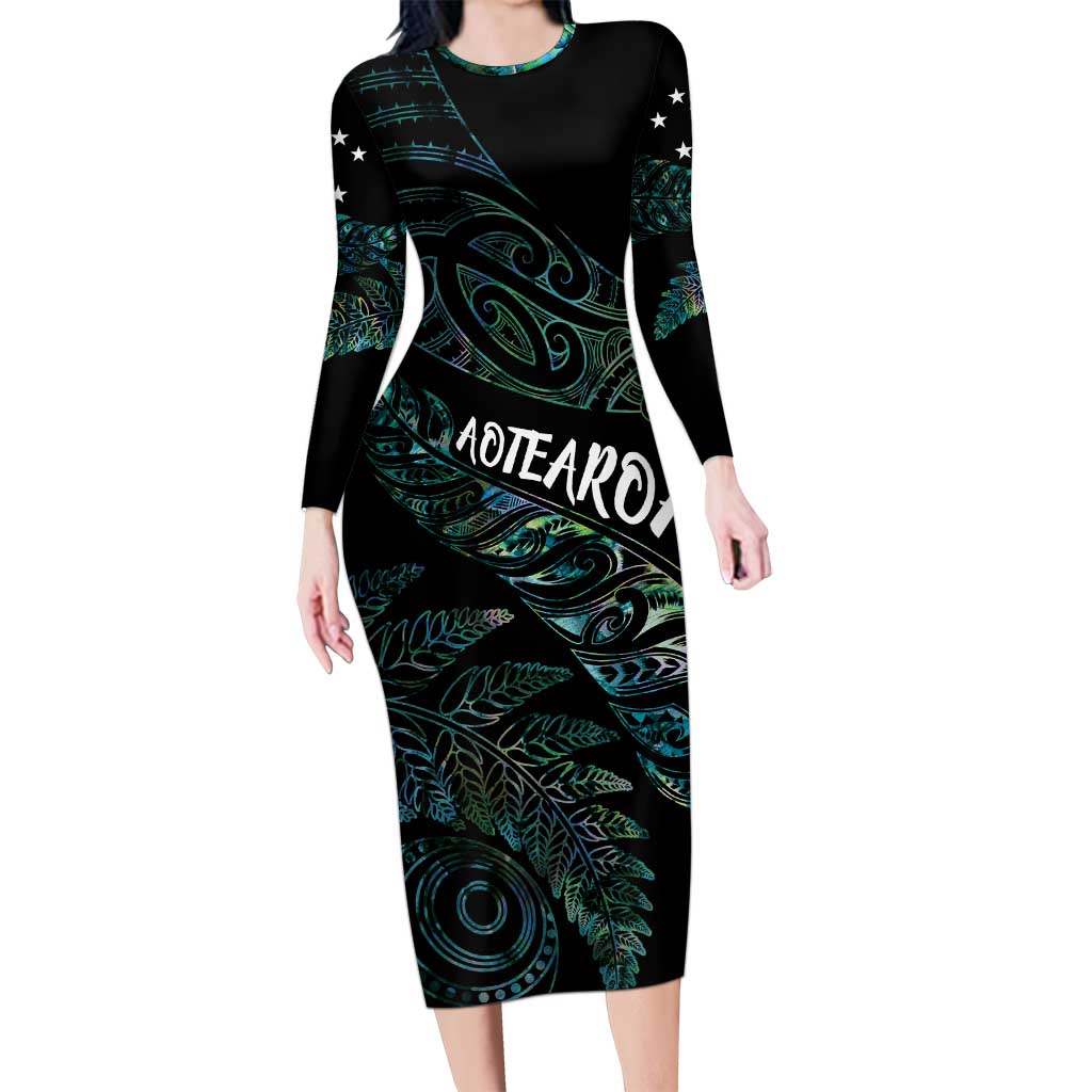 Aotearoa Personalized Lawn Bowls Maori Long Sleeve Bodycon Dress New Zealand Paua Shell Tribal Silver Fern - Aussie Hoodie