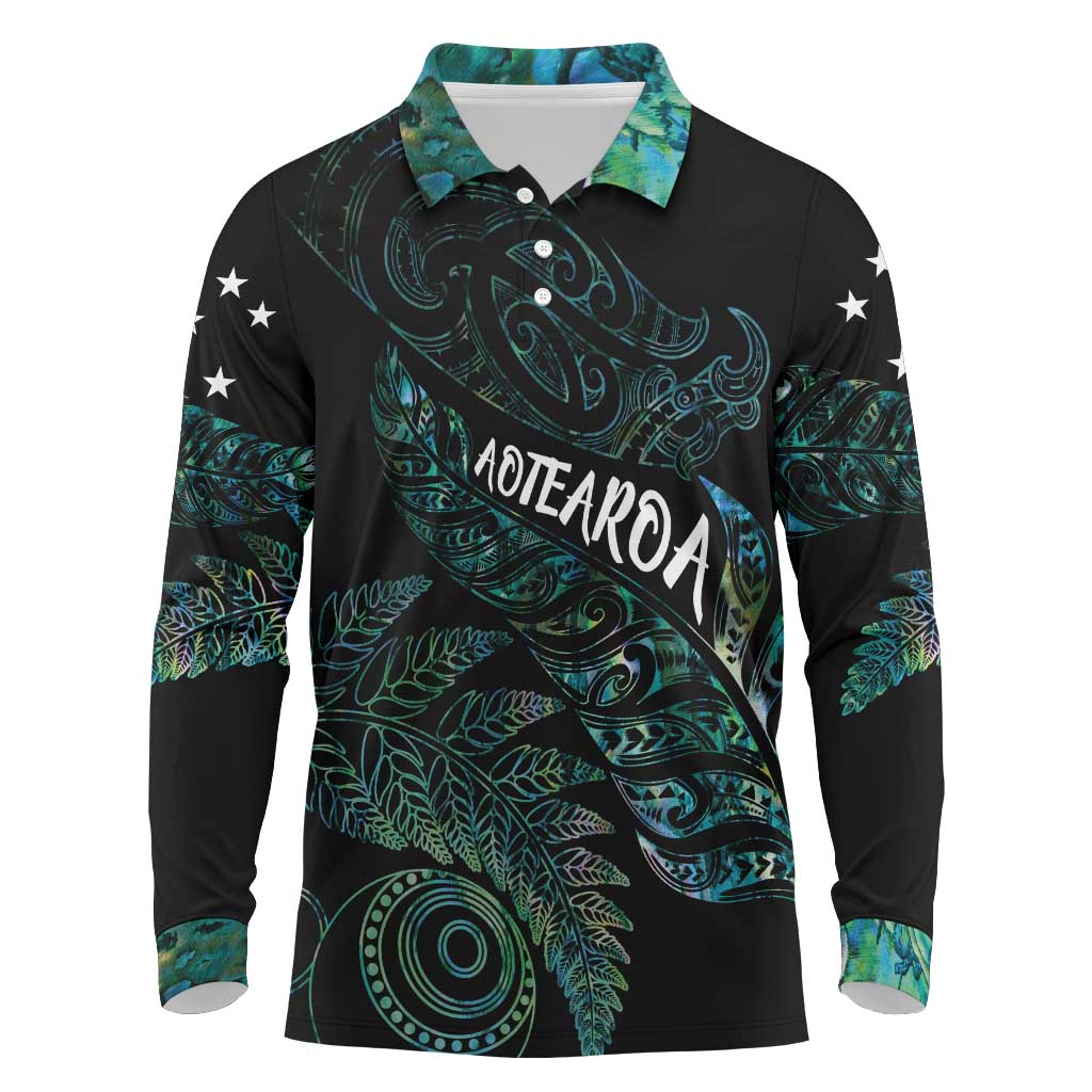 Aotearoa Personalized Lawn Bowls Maori Long Sleeve Polo Shirt New Zealand Paua Shell Tribal Silver Fern - Aussie Hoodie