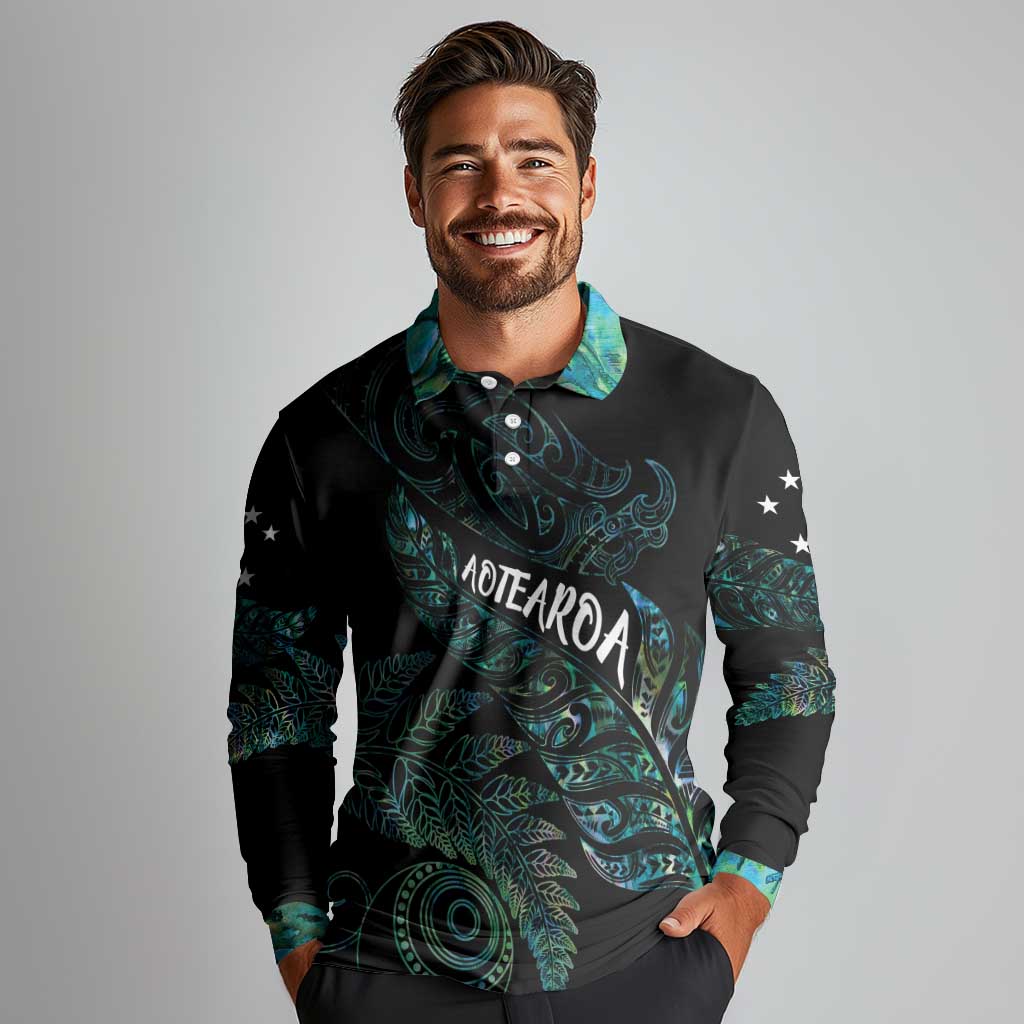 Aotearoa Personalized Lawn Bowls Maori Long Sleeve Polo Shirt New Zealand Paua Shell Tribal Silver Fern - Aussie Hoodie