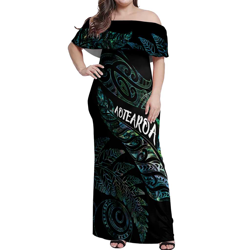 Aotearoa Personalized Lawn Bowls Maori Off Shoulder Maxi Dress New Zealand Paua Shell Tribal Silver Fern - Aussie Hoodie