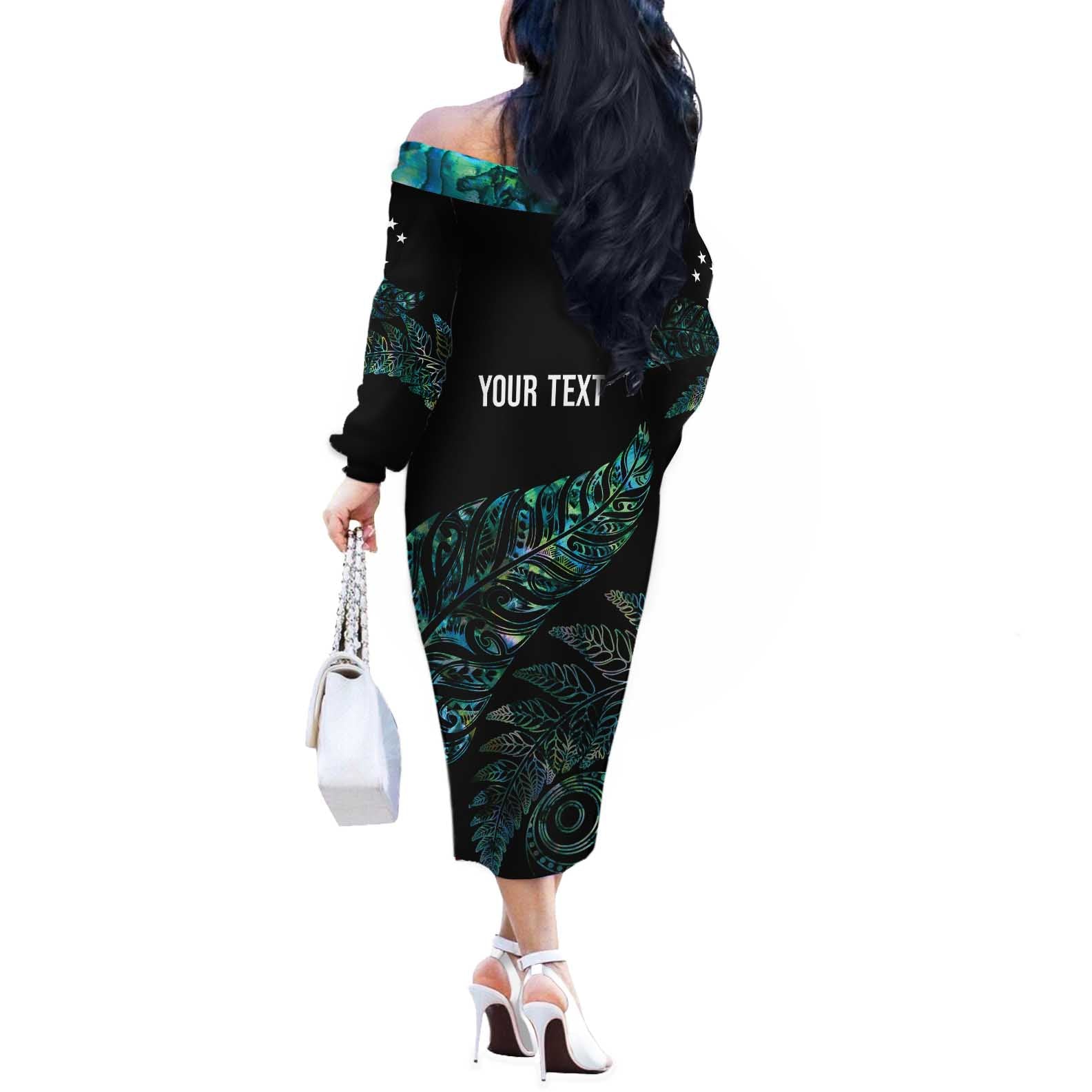 Aotearoa Personalized Lawn Bowls Maori Off The Shoulder Long Sleeve Dress New Zealand Paua Shell Tribal Silver Fern - undefined