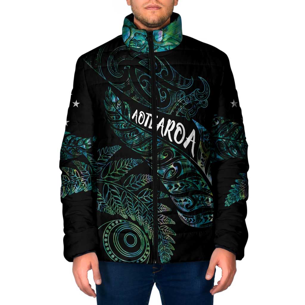 Aotearoa Personalized Lawn Bowls Maori Padded Jacket New Zealand Paua Shell Tribal Silver Fern - Aussie Hoodie