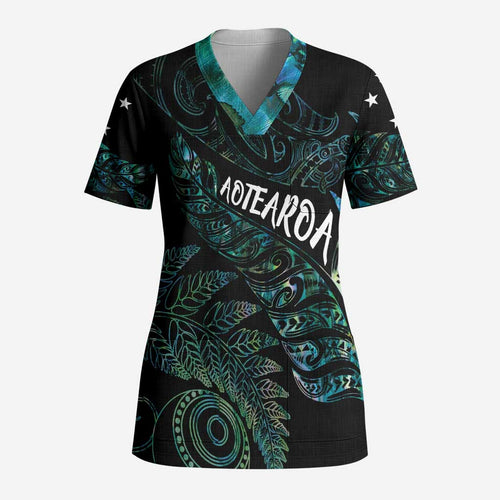 Aotearoa Personalized Lawn Bowls Maori Scrub Top New Zealand Paua Shell Tribal Silver Fern - Aussie Hoodie