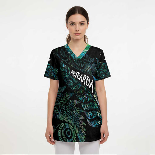 Aotearoa Personalized Lawn Bowls Maori Scrub Top New Zealand Paua Shell Tribal Silver Fern - Aussie Hoodie
