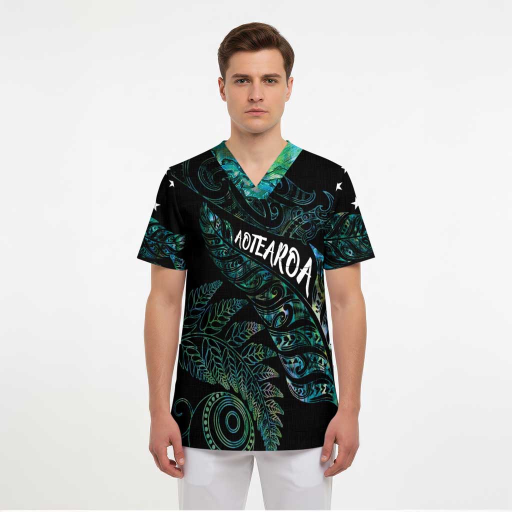 Aotearoa Personalized Lawn Bowls Maori Scrub Top New Zealand Paua Shell Tribal Silver Fern - Aussie Hoodie