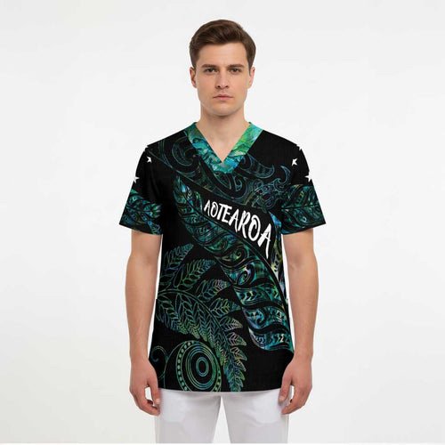 Aotearoa Personalized Lawn Bowls Maori Scrub Top New Zealand Paua Shell Tribal Silver Fern - Aussie Hoodie