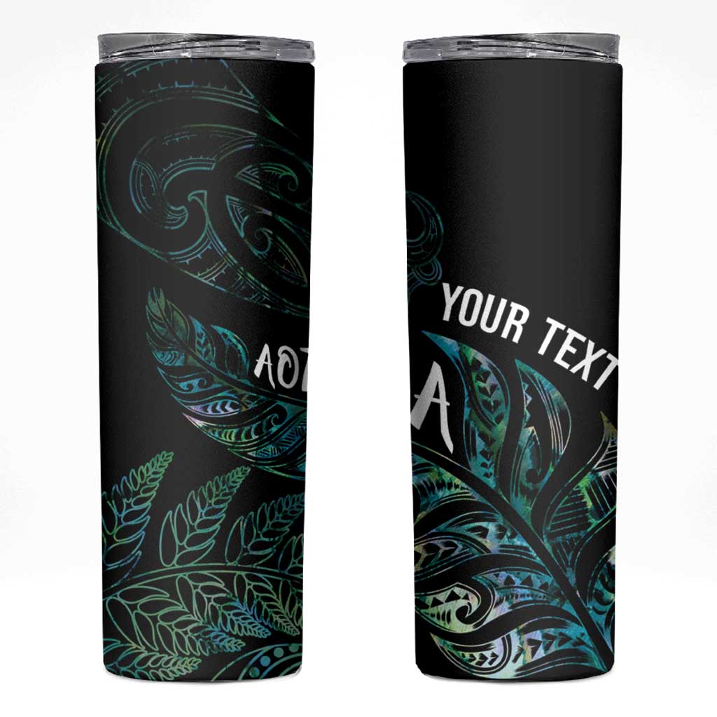 Aotearoa Personalized Lawn Bowls Maori Skinny Tumbler New Zealand Paua Shell Tribal Silver Fern - undefined