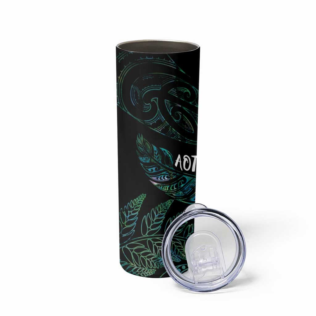 Aotearoa Personalized Lawn Bowls Maori Skinny Tumbler New Zealand Paua Shell Tribal Silver Fern - undefined