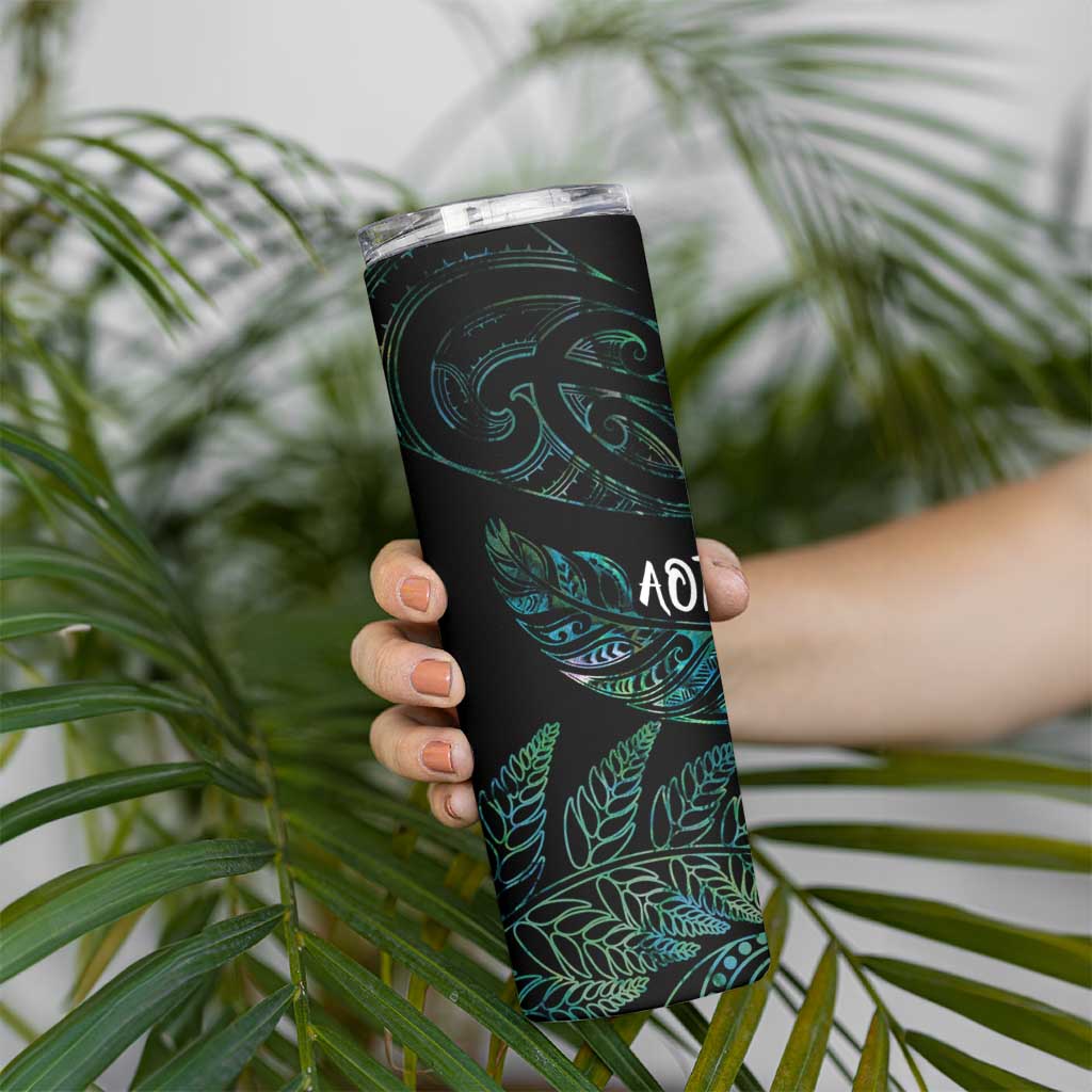 Aotearoa Personalized Lawn Bowls Maori Skinny Tumbler New Zealand Paua Shell Tribal Silver Fern - undefined