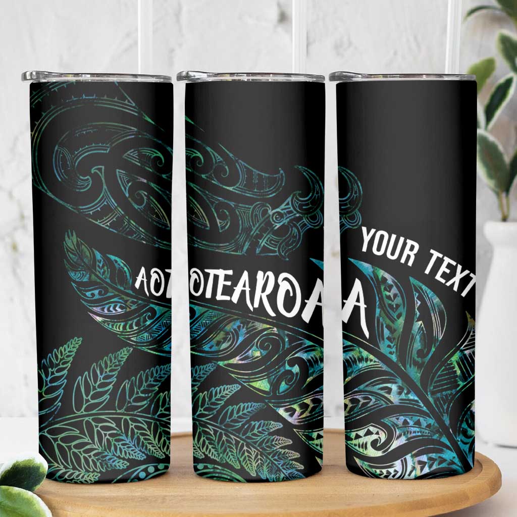 Aotearoa Personalized Lawn Bowls Maori Skinny Tumbler New Zealand Paua Shell Tribal Silver Fern - undefined