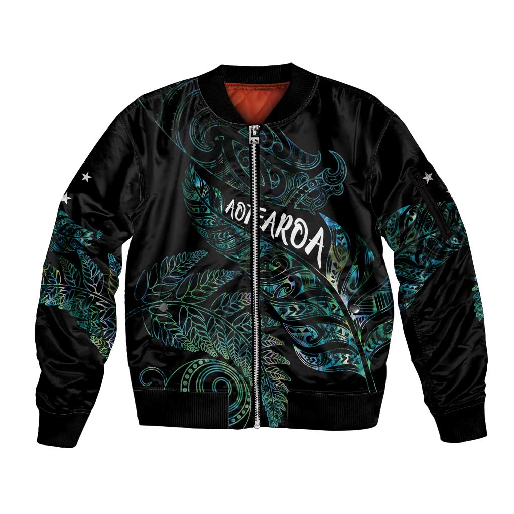 Aotearoa Personalized Lawn Bowls Maori Sleeve Zip Bomber Jacket New Zealand Paua Shell Tribal Silver Fern - undefined