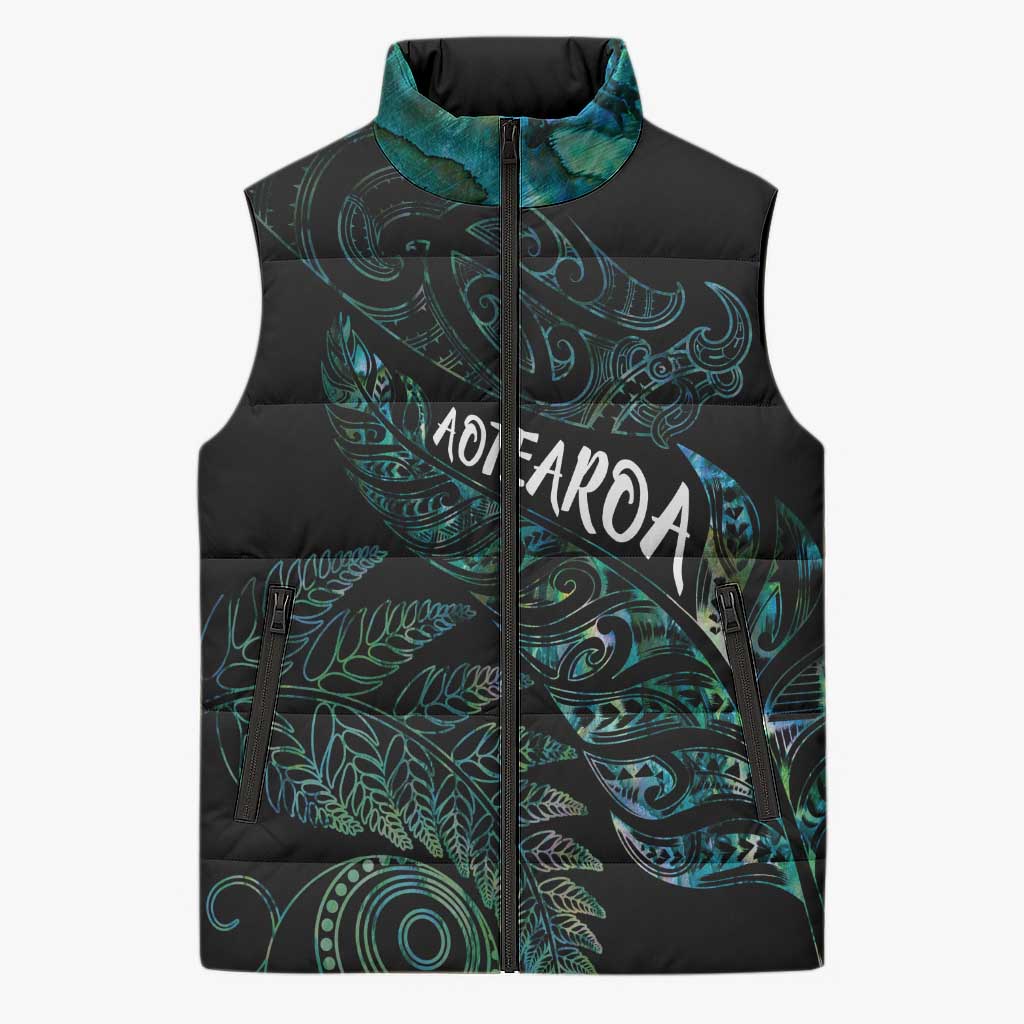 Aotearoa Personalized Lawn Bowls Maori Sleeveless Puffer Jacket New Zealand Paua Shell Tribal Silver Fern - Aussie Hoodie