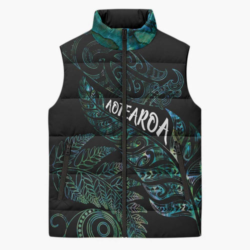 Aotearoa Personalized Lawn Bowls Maori Sleeveless Puffer Jacket New Zealand Paua Shell Tribal Silver Fern - Aussie Hoodie