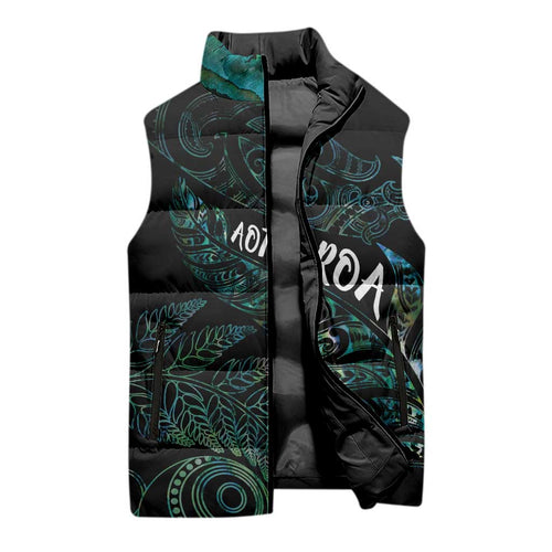 Aotearoa Personalized Lawn Bowls Maori Sleeveless Puffer Jacket New Zealand Paua Shell Tribal Silver Fern - Aussie Hoodie