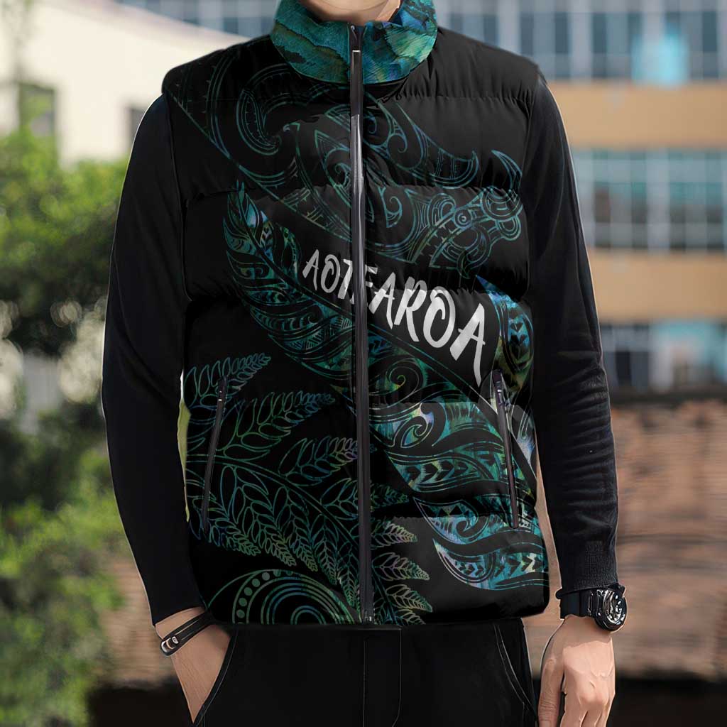 Aotearoa Personalized Lawn Bowls Maori Sleeveless Puffer Jacket New Zealand Paua Shell Tribal Silver Fern - Aussie Hoodie