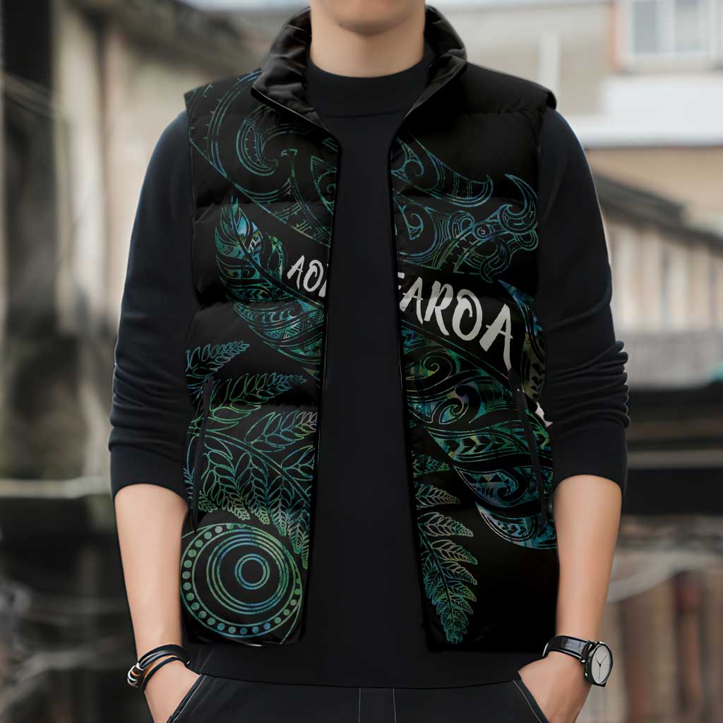 Aotearoa Personalized Lawn Bowls Maori Sleeveless Puffer Jacket New Zealand Paua Shell Tribal Silver Fern - Aussie Hoodie