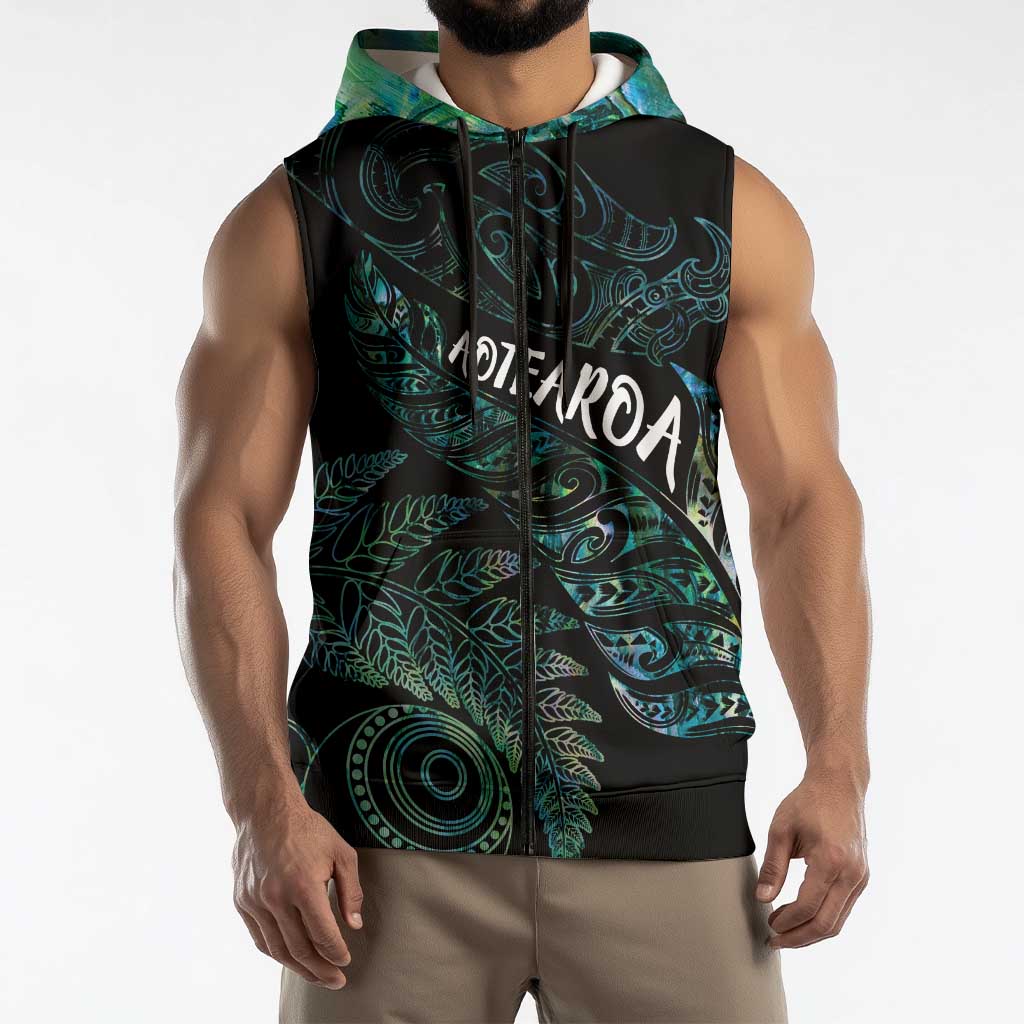 Aotearoa Personalized Lawn Bowls Maori Sleeveless Zip Hoodie New Zealand Paua Shell Tribal Silver Fern LT7