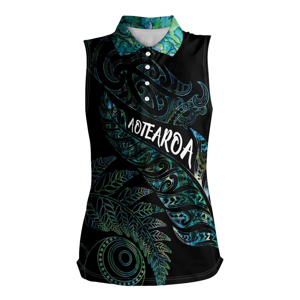 Aotearoa Personalized Lawn Bowls Maori Women Sleeveless Polo Shirt New Zealand Paua Shell Tribal Silver Fern - Aussie Hoodie