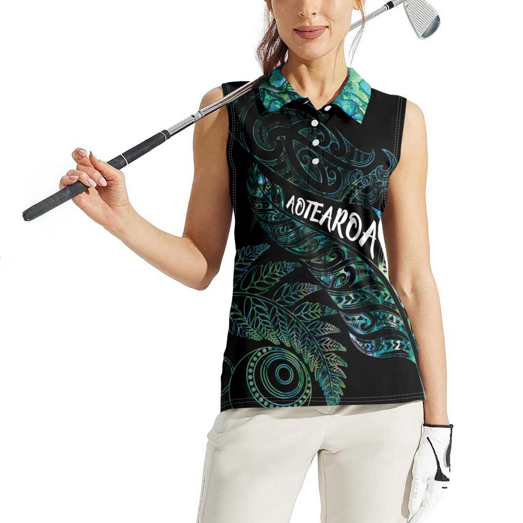 Aotearoa Personalized Lawn Bowls Maori Women Sleeveless Polo Shirt New Zealand Paua Shell Tribal Silver Fern - Aussie Hoodie